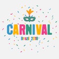 Carnival festive background with carnaval mask and color confetti. Brazil holiday banner. Vector.