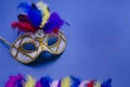 Carnival. Festive banner background with copy space. Carnival mask with feathers on a blue background. Mardi Gras. Brazilian Royalty Free Stock Photo