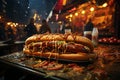 Carnival flavors, Bratwurst in a bun, mustard, and twinkling lights of fair Royalty Free Stock Photo