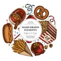 Carnival food circle design. Hand drawn french fries, pretzel, popcorn, lemonade, hot dog, mulled wine, caramel apple