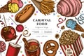 Carnival food hand drawn illustration design. Background with retro french fries, pretzel, popcorn, lemonade, hot dog
