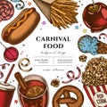 Carnival food hand drawn illustration design. Background with retro french fries, pretzel, popcorn, lemonade, hot dog