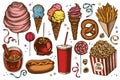 Carnival food hand drawn vector illustrations collection. Colored french fries, pretzel, popcorn, lemonade, hot dog