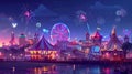 Carnival funfair, amusement park with carousel, roller coaster, and ferris wheel in night sky. Modern cartoon Royalty Free Stock Photo