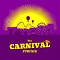 Carnival funfair banner. Amusement park with circus, carousels, roller coaster, attractions on sunset city background Royalty Free Stock Photo