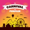 Carnival funfair with fireworks rays. Amusement park carousels, roller coaster and attractions on sunset. Fun fair and Royalty Free Stock Photo