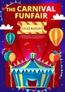 Carnival funfair vector cartoon illustration of circus invitation poster, banner or flyer template Royalty Free Stock Photo