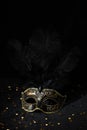 Carnival gold mask with feathers and confetties on black background