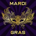 Carnival golden face mask on radial background for Mardi Gras in