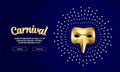 Carnival golden mask banner with lettering. 3D vector gold plague doctor mask with splash halo.