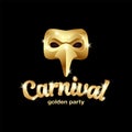 Carnival golden mask logo with lettering. 3D vector gold plague doctor mask on a black background. Royalty Free Stock Photo