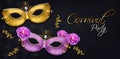 Carnival golden and purple mask Vector realistic. Stylish Masquerade Party. Mardi Gras card invitation. Night Party