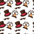 Carnival hat and moustache, with glasses and nose seamless pattern