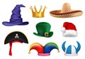 Carnival hats. Masquerade clothes fabric funny hats viking sombrero clown santa crown party celebration items vector