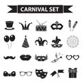 Carnival icon set, black silhouette style. Party, masquerade collection signs, symbols, on white background