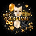 Carnival invitation card with gold masks and decorations. Celebration party background