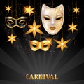 Carnival invitation card with golden masks and stars. Celebration party background