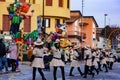 2020 carnival in Italy, parade of allegorical floats in the Venetian municipality of ScorzÃâ. masked women dancing.