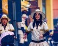 2020 carnival in Italy, parade of allegorical floats in the Venetian municipality of ScorzÃâ. masked women dancing.