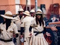 2020 carnival in Italy, parade of allegorical floats in the Venetian municipality of ScorzÃâ. masked women dancing.