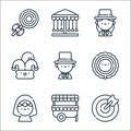 carnival line icons. linear set. quality vector line set such as dart, kiosk, fortune teller, ring of fire, showman, jester,