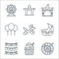 carnival line icons. linear set. quality vector line set such as dartboard, ice cream, garlands, carnival mask, balloons, balloons
