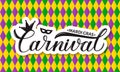 Carnival Mardi Gras hand lettering on colorful harlequin pattern background. Fat or Shrove Tuesday celebration poster. Vector