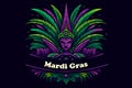 Carnival Mardi Gras label with masquerade mask, feathers, text. Vintage style