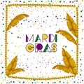 Carnival mardi gras poster with yellow necklace frame with feathers over colorful confetti background