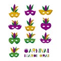 Carnival mardi gras set of colorful mask with feathers