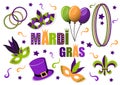 Carnival Mardi Gras set of vector icons. Masks. Hat. Balloons. Beads. Fleur de lis. Mardi Gras.Carnival. Fat Tuesday. Royalty Free Stock Photo