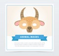 Carnival mask of antelope with horns. Cute animal muzzle. Element of children s party costume. Flat vector design for