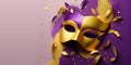 Carnival mask with colorful confetti and streamers. Carnival background