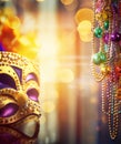 Carnival mask, colorful Mardi Gras beads and bokeh lights festive background Royalty Free Stock Photo