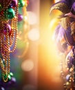 Carnival mask, colorful Mardi Gras beads and bokeh lights festive background Royalty Free Stock Photo