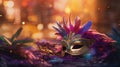 Carnival mask, colorful Mardi Gras beads and bokeh lights festive background Royalty Free Stock Photo