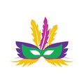 A carnival mask with feathers. Masquerade mask in the style and colors of the Mardi Gras carnival.