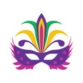 A carnival mask with feathers. Masquerade mask in the style and colors of the Mardi Gras carnival.