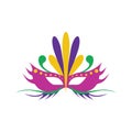 A carnival mask with feathers. Masquerade mask in the style and colors of the Mardi Gras carnival.