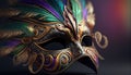 Carnival mask with golden, green and purple feathers, close up, realistic illustration. Generative AI