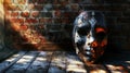 A carnival mask lies on a old wooden table, against the background of a brick wall. Banner Royalty Free Stock Photo