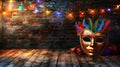 A carnival mask lies on a old wooden table, against the background of a brick wall. Banner Royalty Free Stock Photo