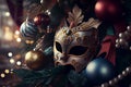 Carnival mask, ornaments, fir branches, baubbles, Ribbons and golden decorations, generative ai Royalty Free Stock Photo