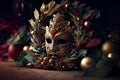 Carnival mask, ornaments, fir branches, baubbles, Ribbons and golden decorations, generative ai Royalty Free Stock Photo