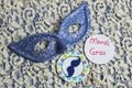 Carnival mask, a painted mustache and the words Mardi Gras Royalty Free Stock Photo