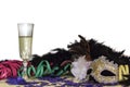 Carnival Mask, Serpentines, Confetti and glass of champagne. Party background