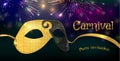 Carnival mask with shiny glitter texture. Bokeh lights and fireworks background. Invitation card template.