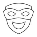 Carnival mask with smiling face, comedy mask thin line icon, theater concept, smiley mask vector sign on white