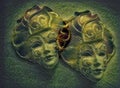 Carnival masks. Carnival festival costume element. Pastel, gentle and hazy atmosphere. Collage and double exposure. Italian and