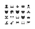 Carnival masks flat line icons set. Masks with feathers, Masquerade party mask, Rabbit Ears, Smiling Lips, Princess Crown. Simple Royalty Free Stock Photo